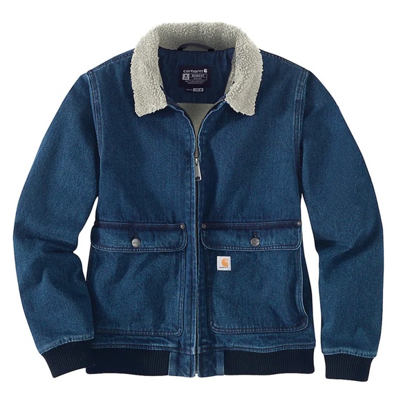 Carhartt Rugged Flex Relaxed Fit Sherpa-Lined Chore Barn Denim Jacket Blue M - Picture 2 of 15